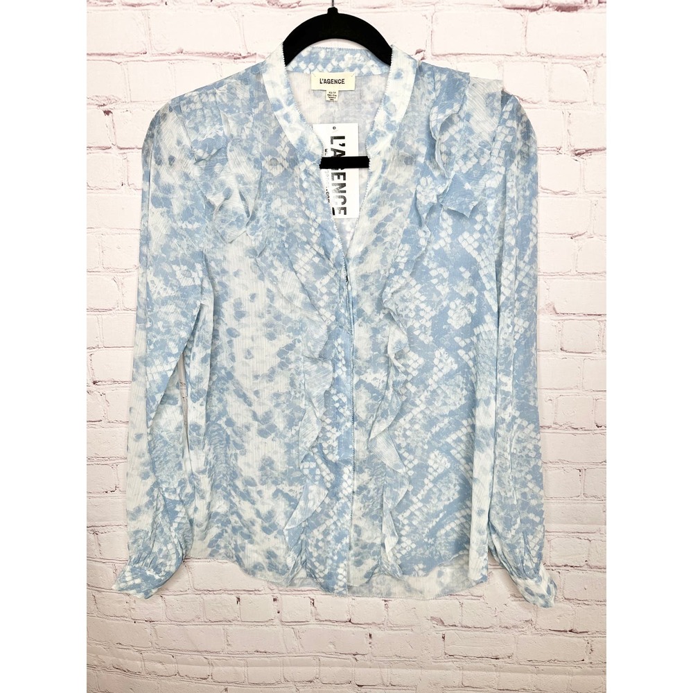 L'Agence Blue Pattern Ruffle Nadine Long Sleeve Blouse Womens XS